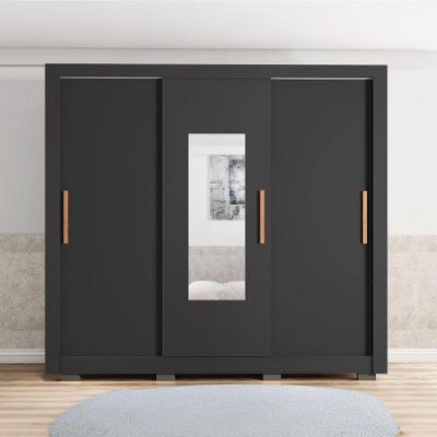 Guarda Roupas Casal Com Espelho 3 Portas De Correr 2 Gavetas Paris Caemmun Preto