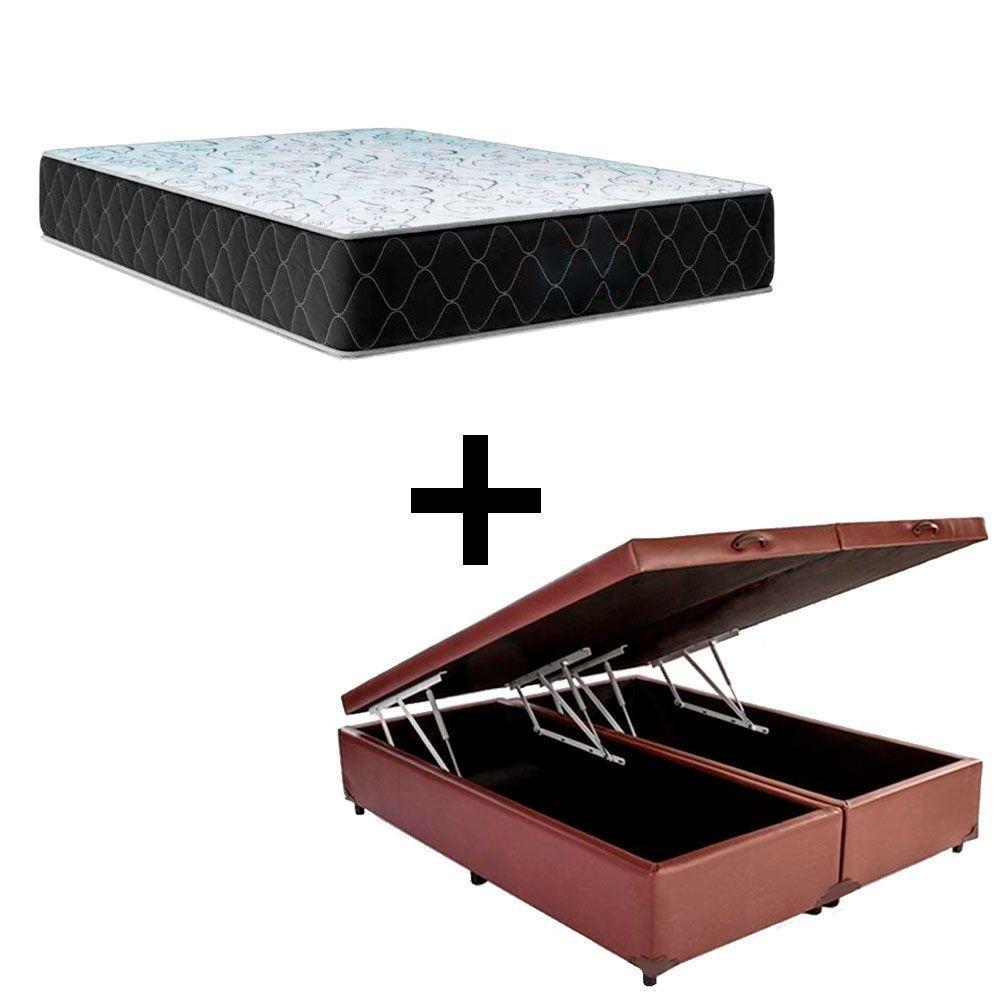 Cama Box Baú King 193 Tecido Sintético Marrom Com Colchão Marrocos - Poliéster - Espuma D33 30cm - 1