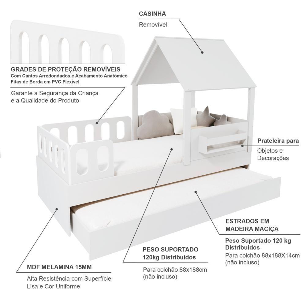 Bicama Casinha Com Telhado Mdf E Grades Anatômica Branco Mobilistore - 3