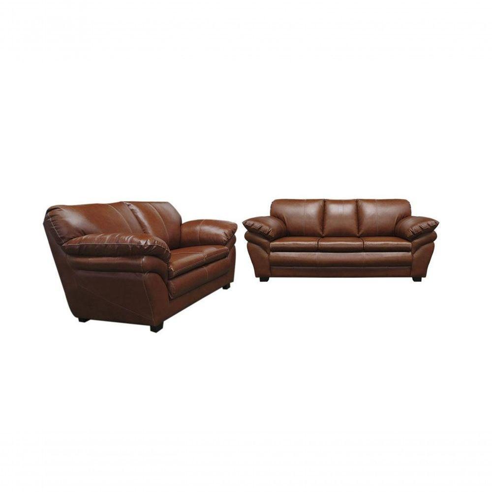 Conjunto Sofá De Couro Gana 3 E 2 Lugares Conhaque Com Brilho - Mempra Design - 1