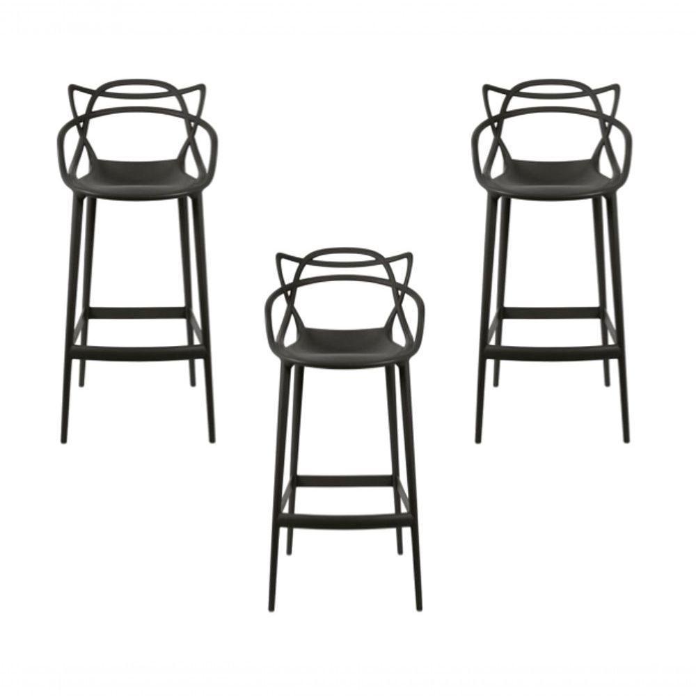 Conjunto Com 3 Banquetas Allegra Master 66 Cm Empilháveis Modernas E Confortáveis Para Cozinha Preto - 1