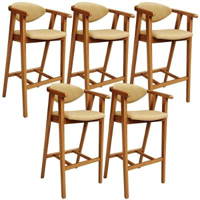 Kit 5 Banquetas Alta Cecília L02 Assento Courino Base Fixa com Encosto Fendi para Área Gourmet
