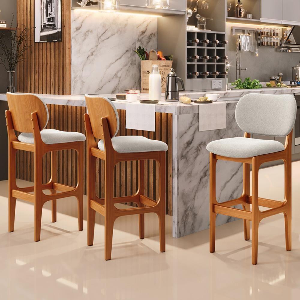 Kit 05 Banquetas Alta Bar Cozinha Sala Jantar Fixa Betta L02 Imbuia Bouclê Creme - Lyam Decor - 2