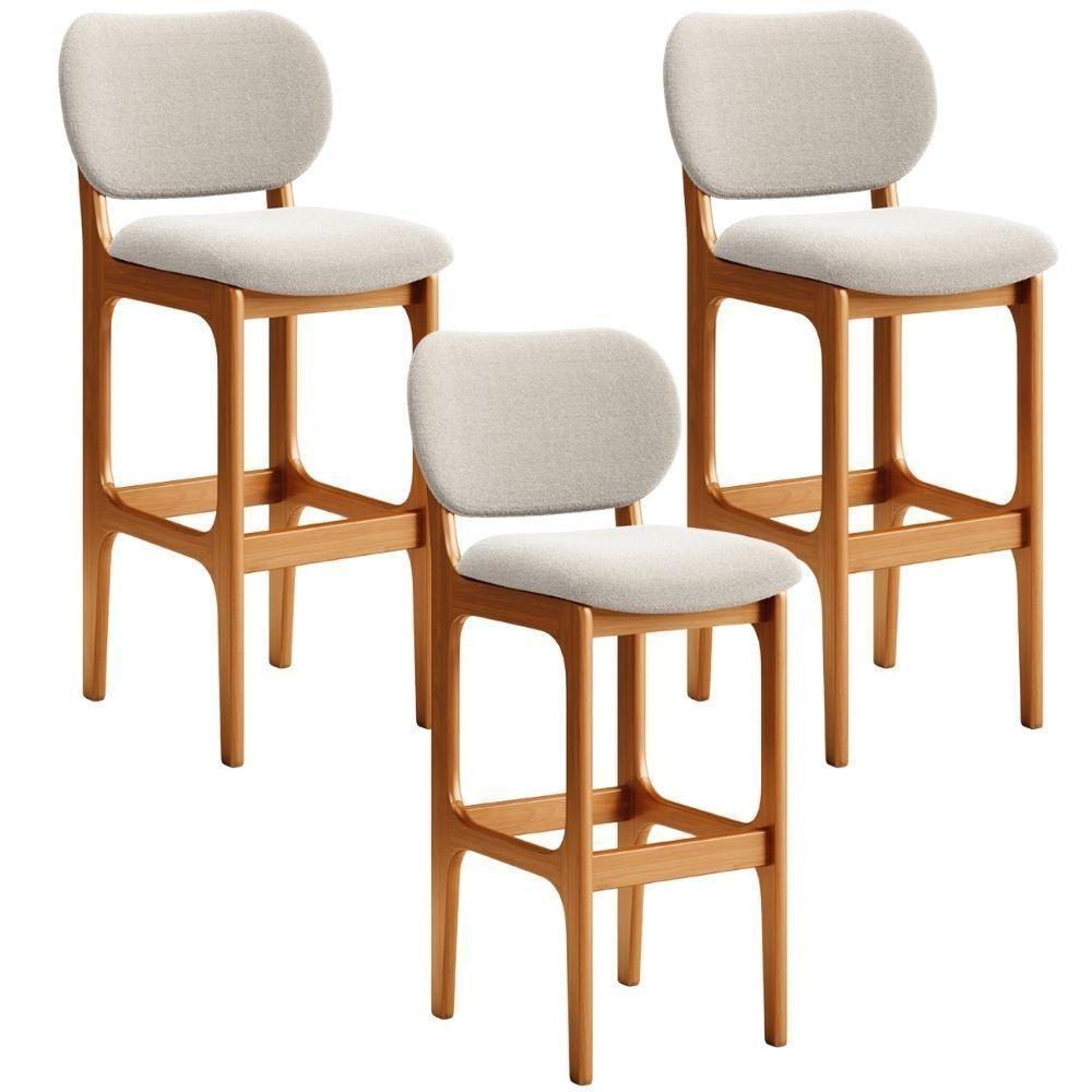 Kit 03 Banquetas Alta Bar Cozinha Sala Jantar Fixa Betta L02 Imbuia Bouclê Creme - Lyam Decor - 1