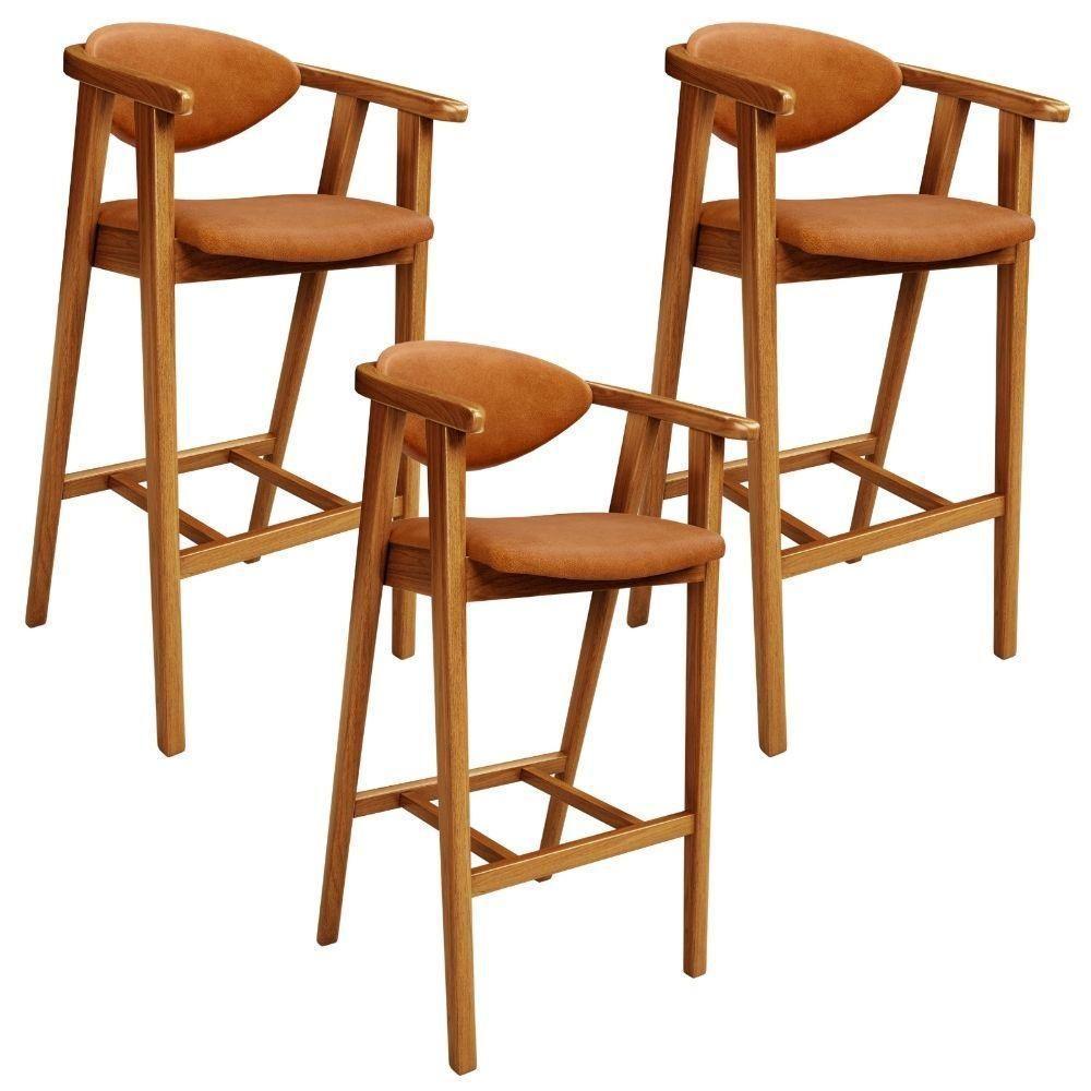 Kit 3 Banquetas Alta Para Cozinha Bancada Bar Sala De Jantar Fixa Cecília L02 Couríssimo Canela - Lyam Decor - 1