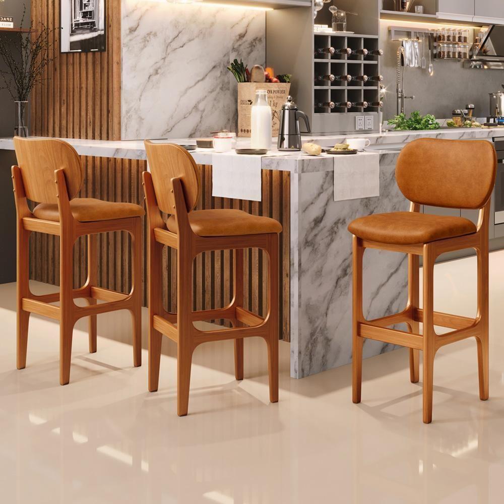 Kit 06 Banquetas Alta Bar Cozinha Sala Jantar Fixa Betta L02 Imbuia Couríssimo Canela - Lyam Decor - 5