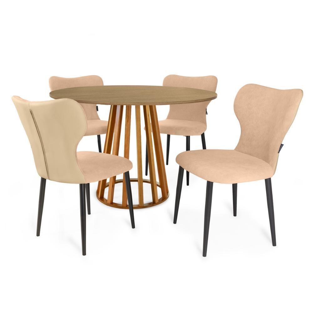 Conjunto Mesa De Jantar Redonda Talia Amadeirada Natural 120cm Com 4 Cadeiras Estofadas Jacobsen - Bege - 1