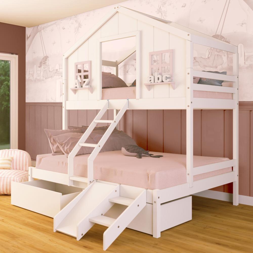 Beliche Casal/ Solteiro Casinha Dos Sonhos Com Gavetas Kit Escada/ Escorregador Madeira Maciça Branco/ Rosa Megamobilia - 1