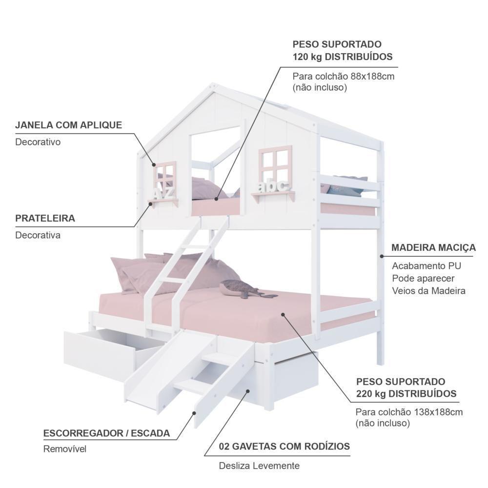 Beliche Casal/ Solteiro Casinha Dos Sonhos Com Gavetas Kit Escada/ Escorregador Madeira Maciça Branco/ Rosa Megamobilia - 4