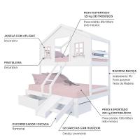 Beliche Casal/ Solteiro Casinha Dos Sonhos Com Gavetas Kit Escada/ Escorregador Madeira Maciça Branco/ Rosa Megamobilia - 4