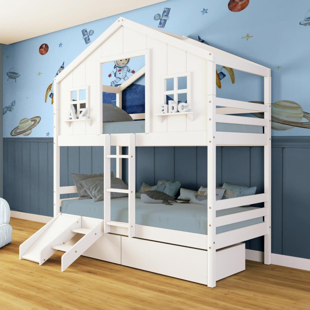 Beliche Casinha Dos Sonhos Com 02 Gavetas Kit Escada/ Escorregador Madeira Maciça Branco Megamobilia - 1