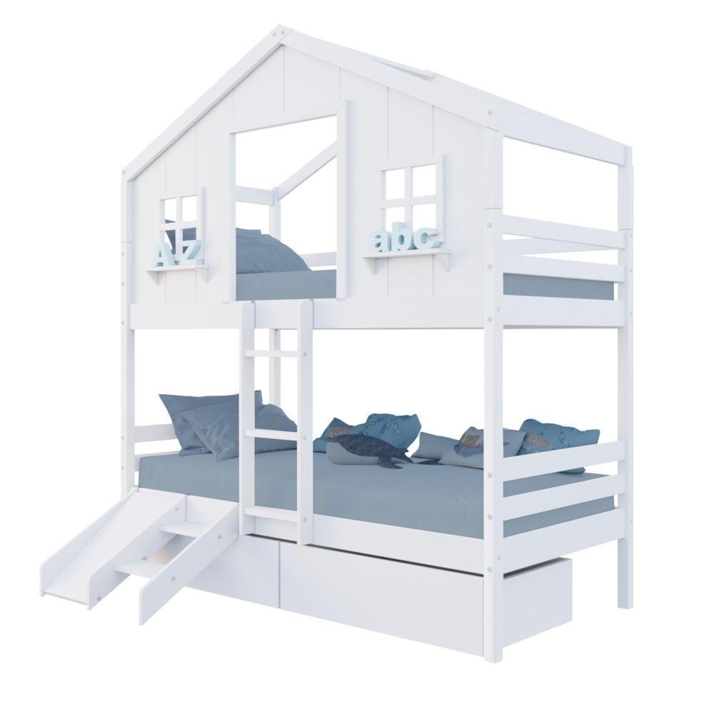 Beliche Casinha Dos Sonhos Com 02 Gavetas Kit Escada/ Escorregador Madeira Maciça Branco Megamobilia - 2