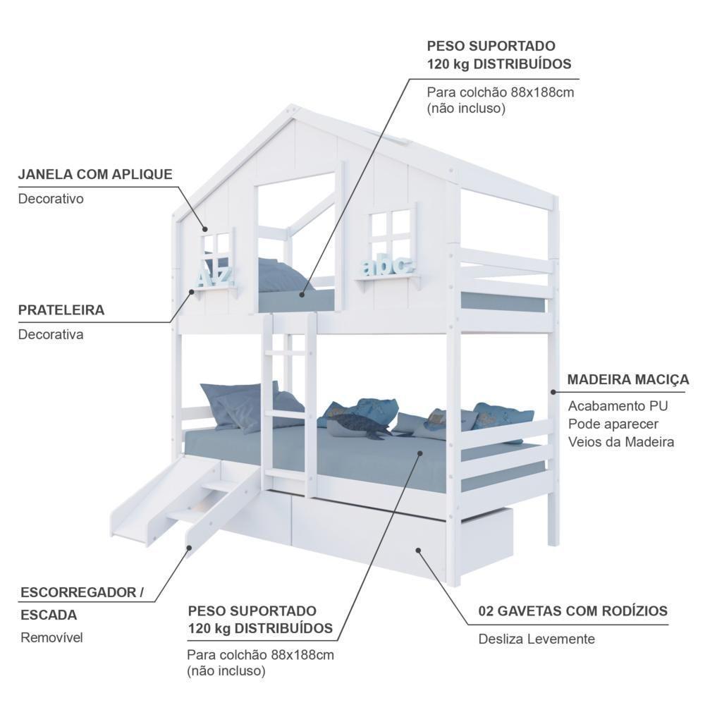 Beliche Casinha Dos Sonhos Com 02 Gavetas Kit Escada/ Escorregador Madeira Maciça Branco Megamobilia - 4
