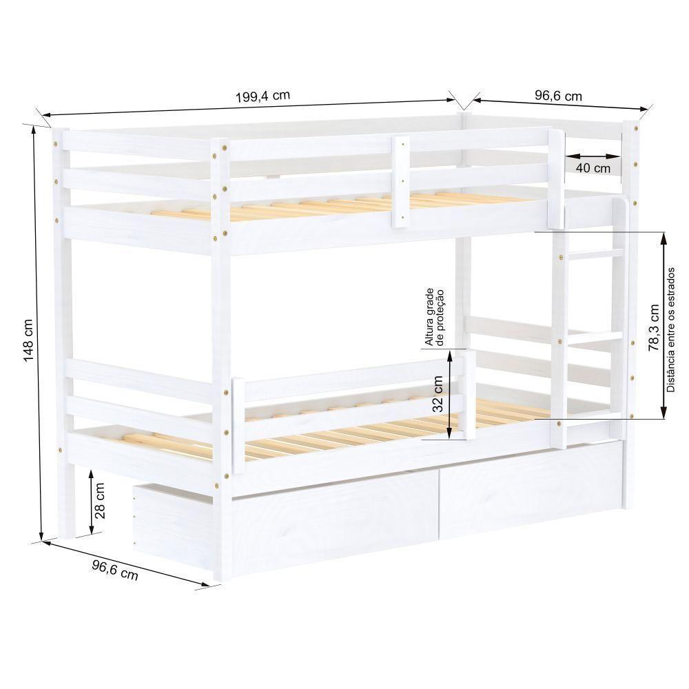 Beliche Solteiro Dreams Com 02 Gavetas E Grade De Proteção Madeira Maciça Branco Megamobilia - 3
