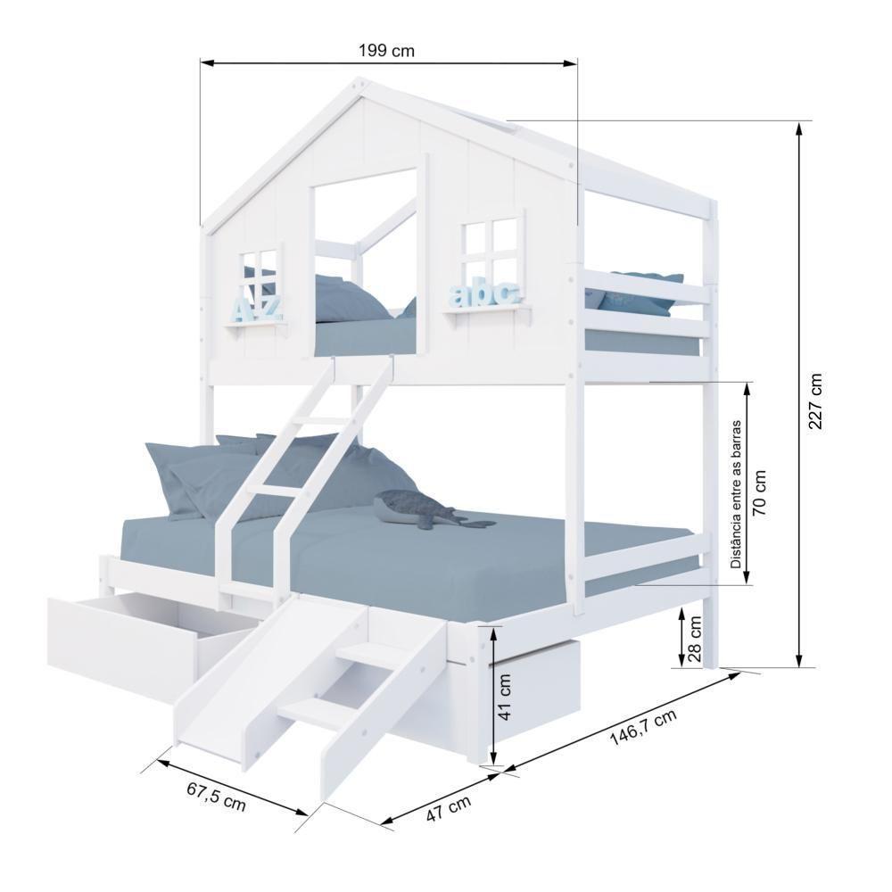 Beliche Casal/ Solteiro Casinha Dos Sonhos Com 02 Gavetas Kit Escada/ Escorregador Madeira Maciça Branco Megamobilia - 4
