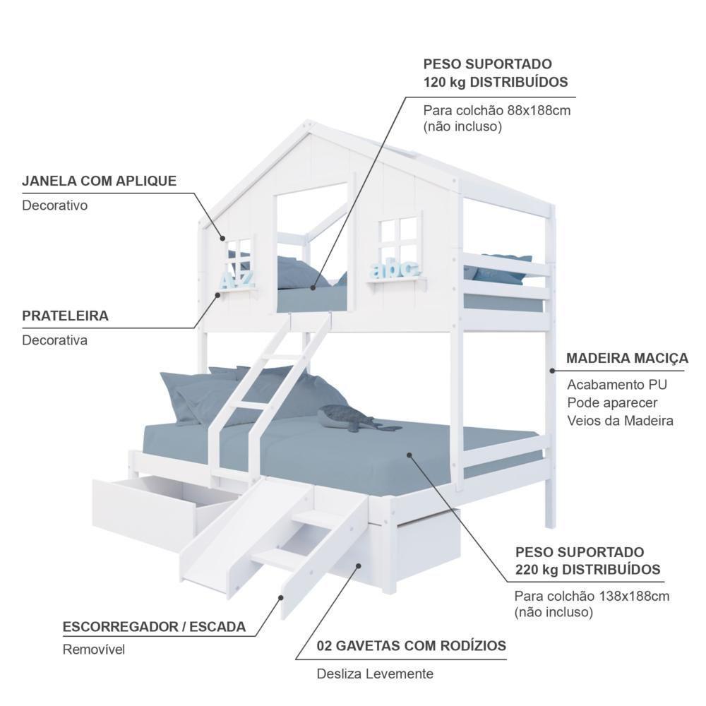 Beliche Casal/ Solteiro Casinha Dos Sonhos Com 02 Gavetas Kit Escada/ Escorregador Madeira Maciça Branco Megamobilia - 5