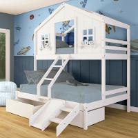 Beliche Casal/ Solteiro Casinha Dos Sonhos Com 02 Gavetas Kit Escada/ Escorregador Madeira Maciça Branco Megamobilia - 1