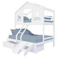 Beliche Casal/ Solteiro Casinha Dos Sonhos Com 02 Gavetas Kit Escada/ Escorregador Madeira Maciça Branco Megamobilia - 2