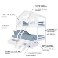Beliche Casal/ Solteiro Casinha Dos Sonhos Com 02 Gavetas Kit Escada/ Escorregador Madeira Maciça Branco Megamobilia - 5