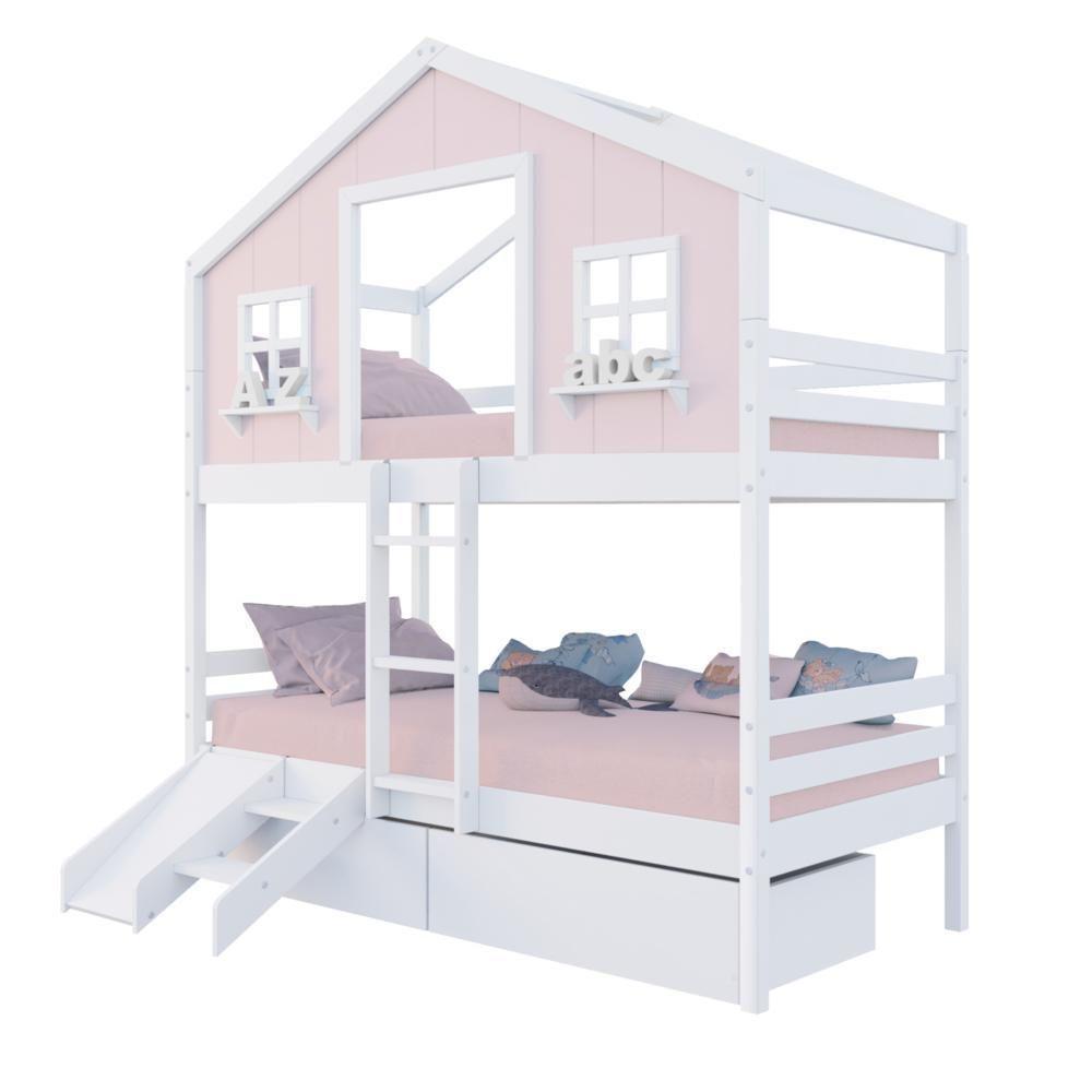 Beliche Casinha Dos Sonhos Com 02 Gavetas Kit Escada/ Escorregador Madeira Maciça Rosa/ Branco Megamobilia - 2
