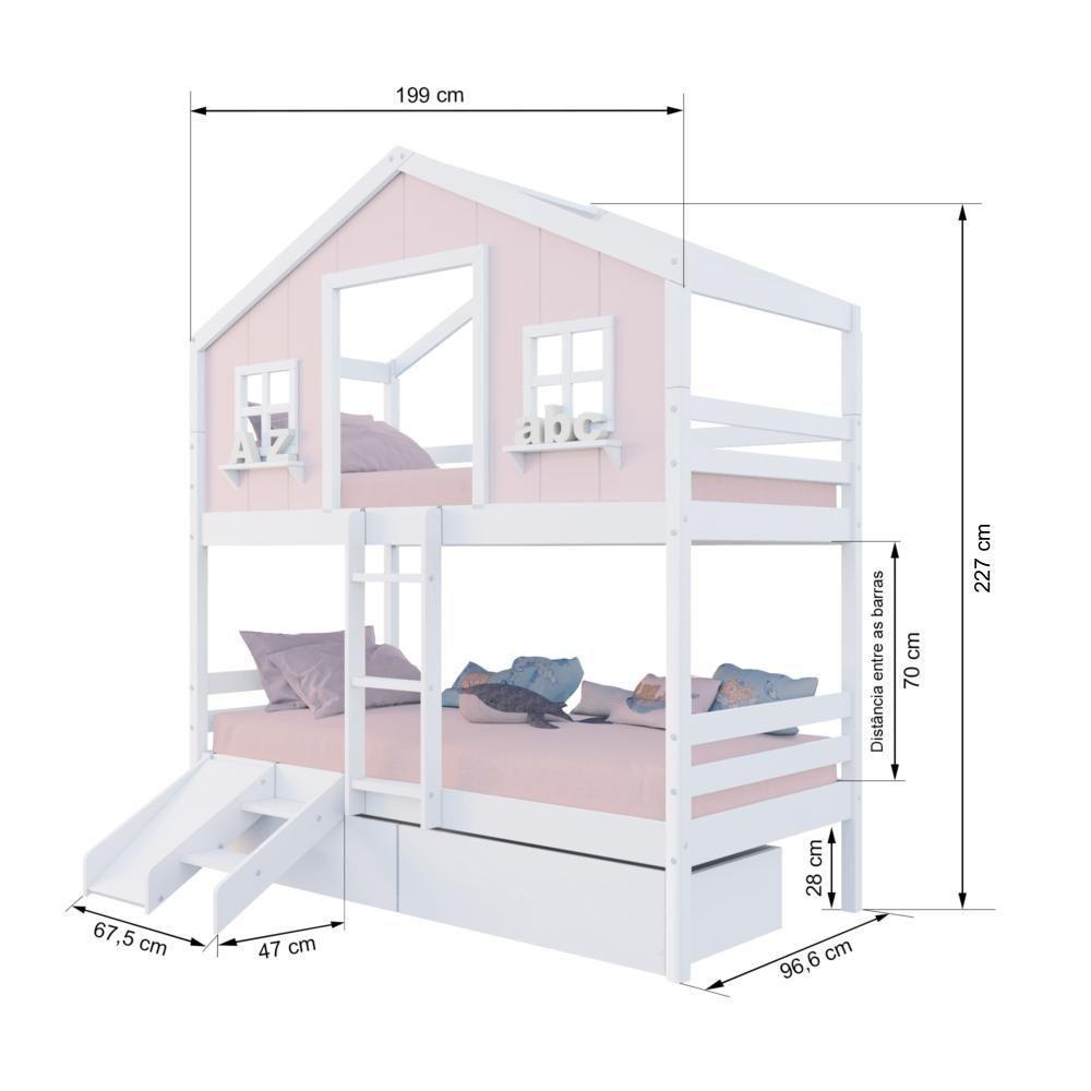 Beliche Casinha Dos Sonhos Com 02 Gavetas Kit Escada/ Escorregador Madeira Maciça Rosa/ Branco Megamobilia - 3