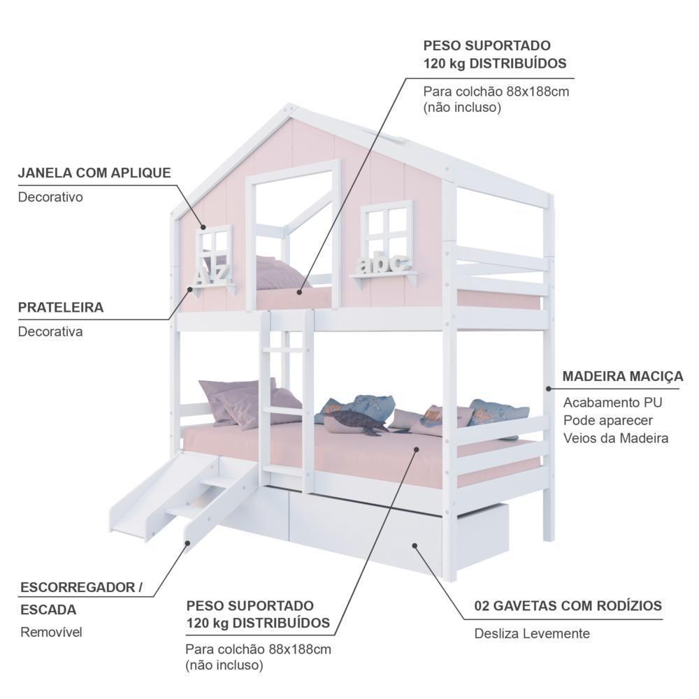 Beliche Casinha Dos Sonhos Com 02 Gavetas Kit Escada/ Escorregador Madeira Maciça Rosa/ Branco Megamobilia - 4
