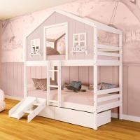 Beliche Casinha Dos Sonhos Com 02 Gavetas Kit Escada/ Escorregador Madeira Maciça Rosa/ Branco Megamobilia - 1