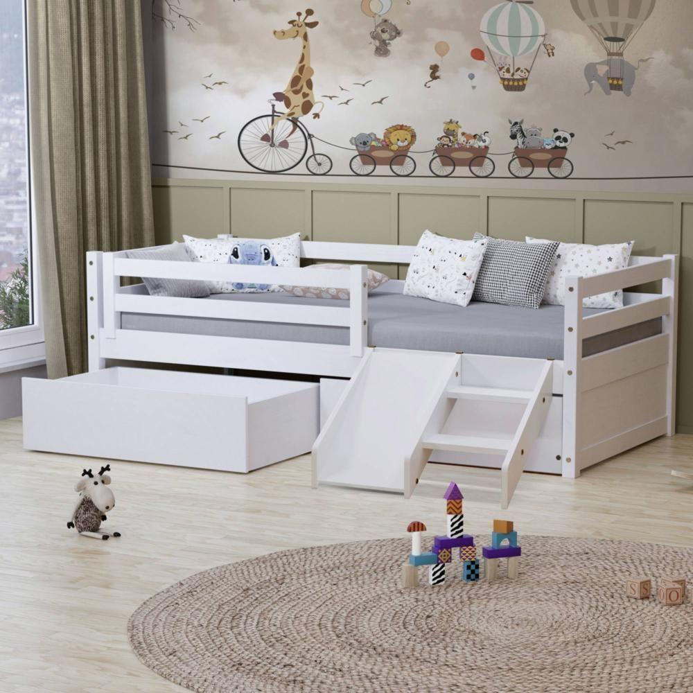 Cama Solteiro Dreams Com Gavetas Grade De Proteção E Mini Escada/ Escorrega Madeira Maciça Branco Megamobilia - 1