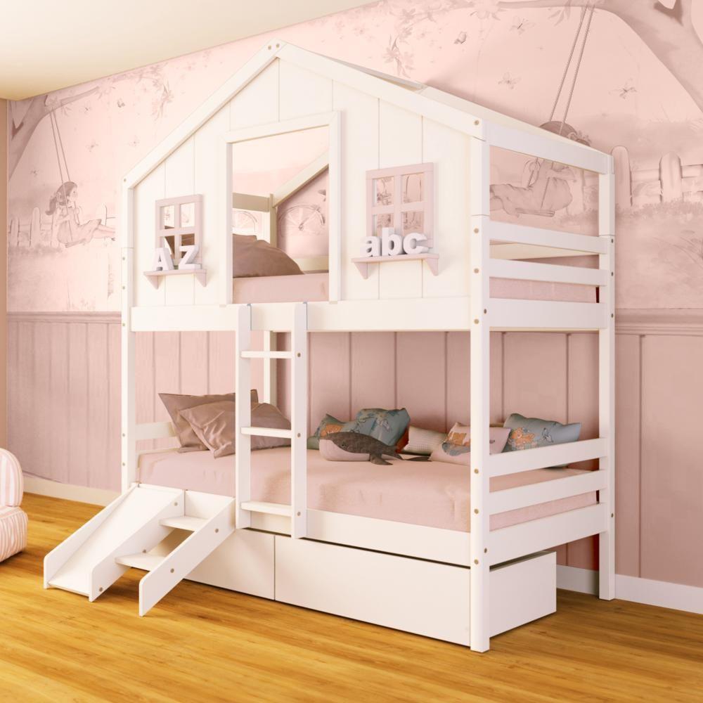 Beliche Casinha Dos Sonhos Com 02 Gavetas Kit Escada/ Escorregador Madeira Maciça Branco/ Rosa Megamobilia - 1