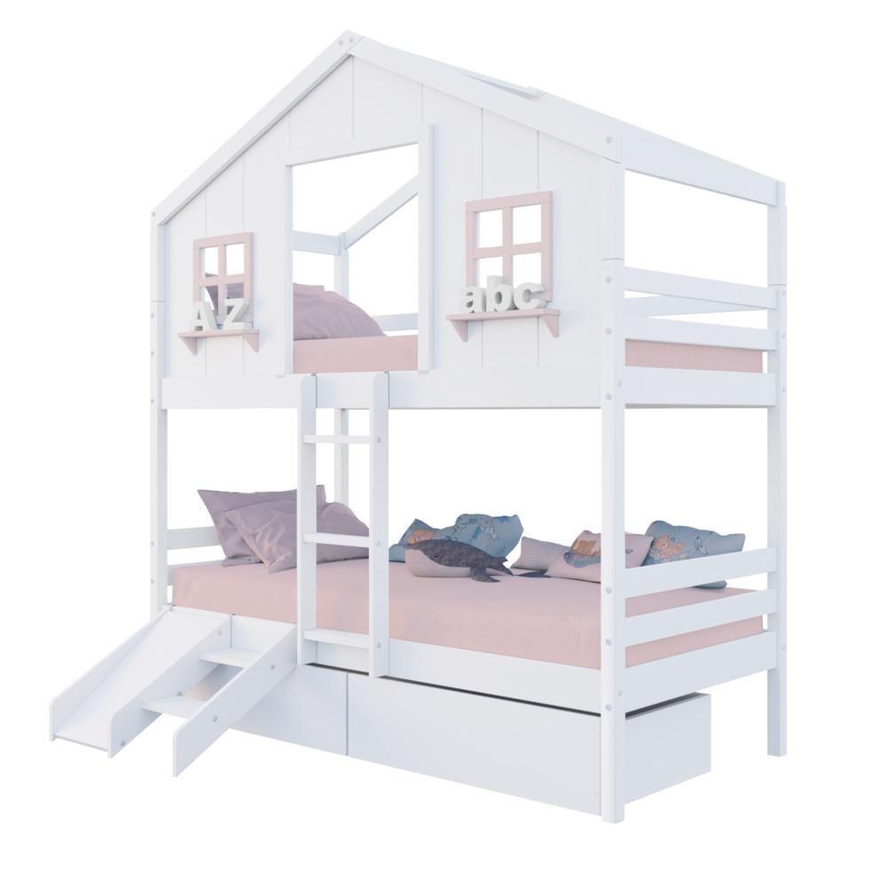 Beliche Casinha Dos Sonhos Com 02 Gavetas Kit Escada/ Escorregador Madeira Maciça Branco/ Rosa Megamobilia - 2