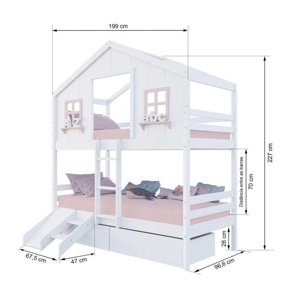 Beliche Casinha Dos Sonhos Com 02 Gavetas Kit Escada/ Escorregador Madeira Maciça Branco/ Rosa Megamobilia - 3