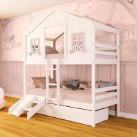 Beliche Casinha Dos Sonhos Com 02 Gavetas Kit Escada/ Escorregador Madeira Maciça Branco/ Rosa Megamobilia - 1