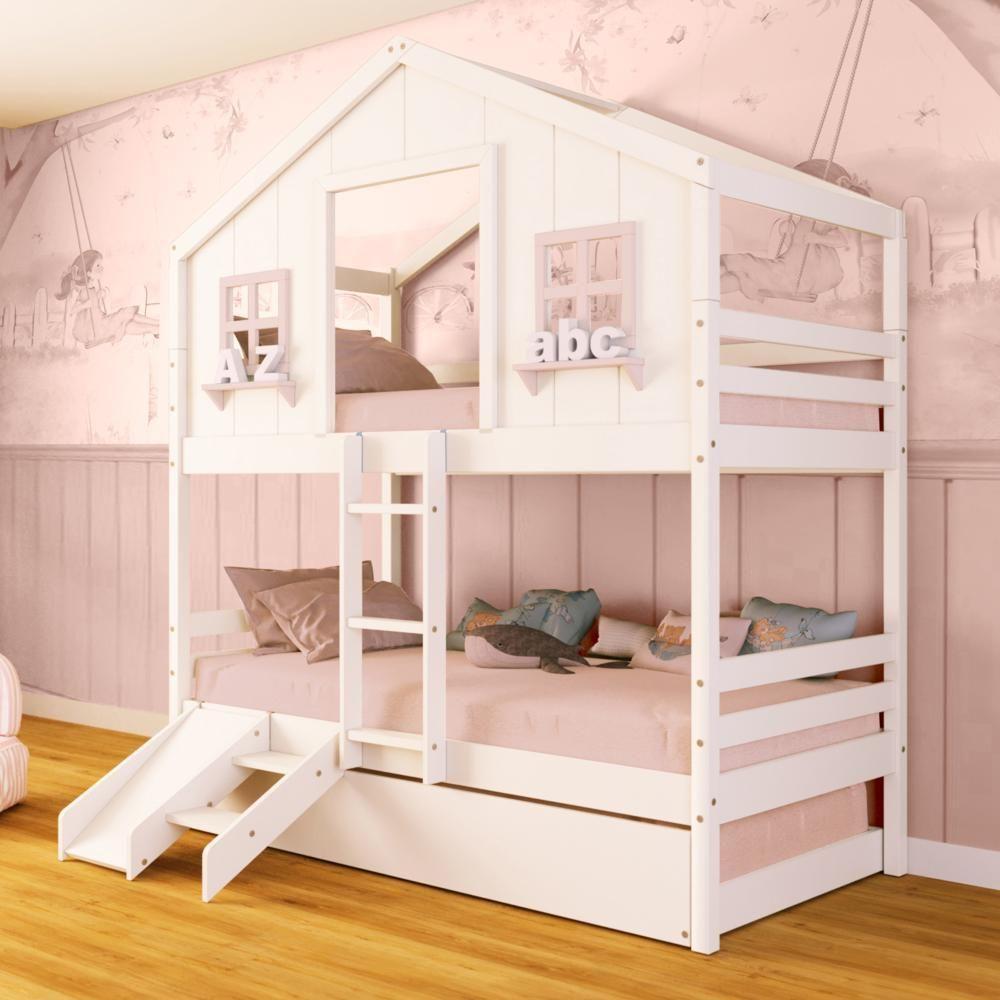 Treliche Casinha Dos Sonhos Com Kit Escada/ Escorregador Madeira Maciça Branco/ Rosa Megamobilia - 1