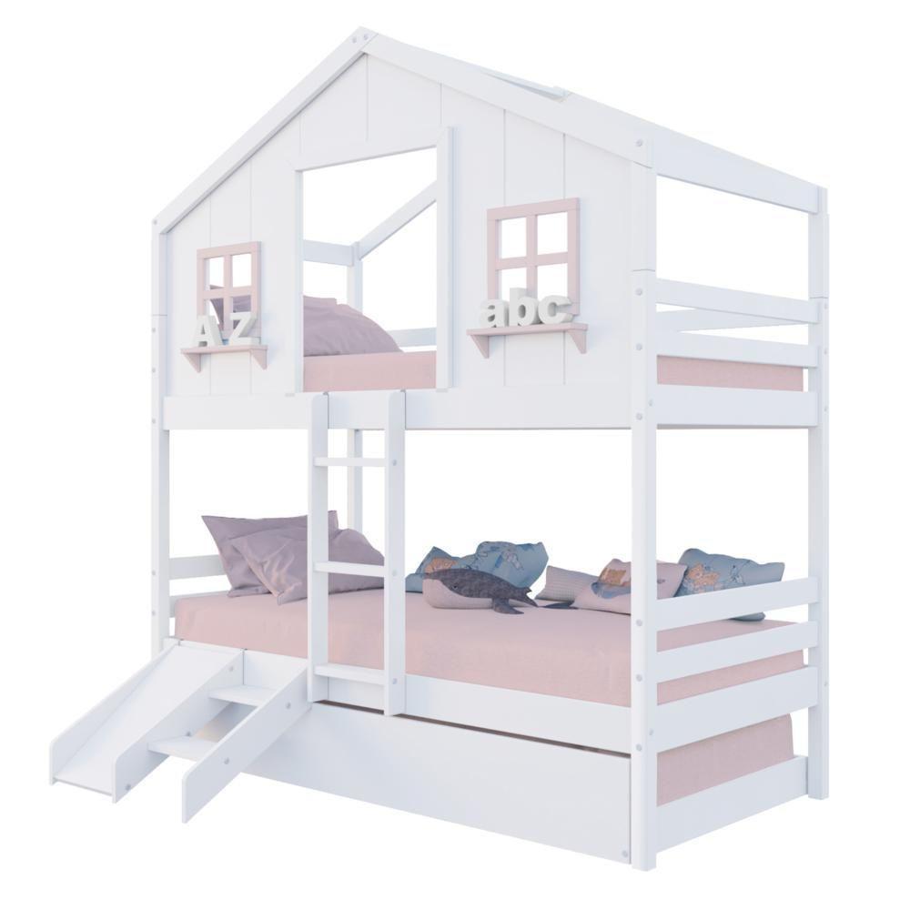Treliche Casinha Dos Sonhos Com Kit Escada/ Escorregador Madeira Maciça Branco/ Rosa Megamobilia - 2