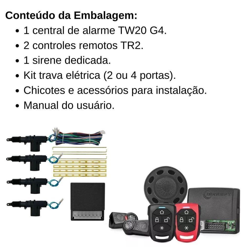 Kit Alarme Tarsafe Tw20 G4 2 Controles + Trava Eletrica 4 Portas - 6