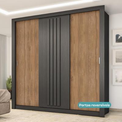 Guarda Roupa Casal Doha 3 Portas de Correr 2 Gavetas Preto Touch MDP Móveis Carraro