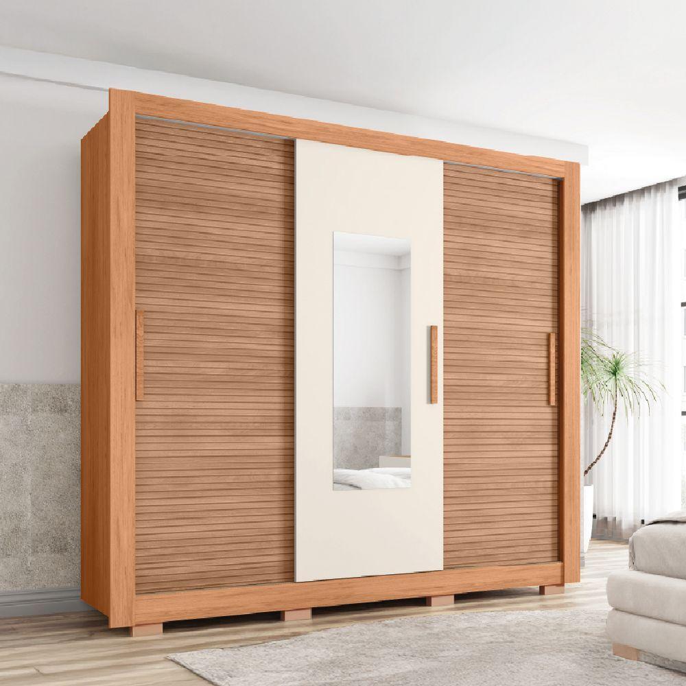 Guarda Roupas Casal com Espelho Ripado Impressão 3D 3 Portas de Correr 2 Gavetas Paris Caemmun - 1