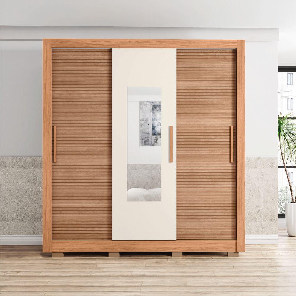 Guarda Roupas Casal com Espelho Ripado Impressão 3D 3 Portas de Correr 2 Gavetas Paris Caemmun - 3