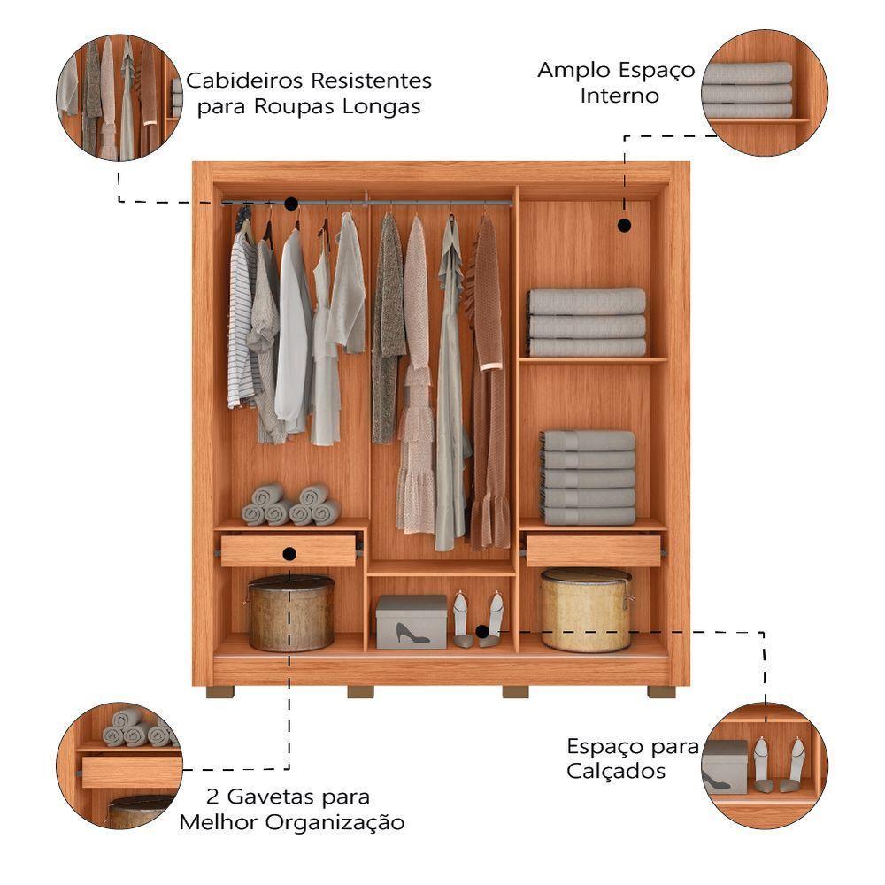 Guarda Roupas Casal com Espelho Ripado Impressão 3D 3 Portas de Correr 2 Gavetas Paris Caemmun - 7