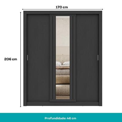 Guarda Roupa Casal Doha Lux 3 Portas de Correr 2 Gavetas Preto Touch MDP Carraro