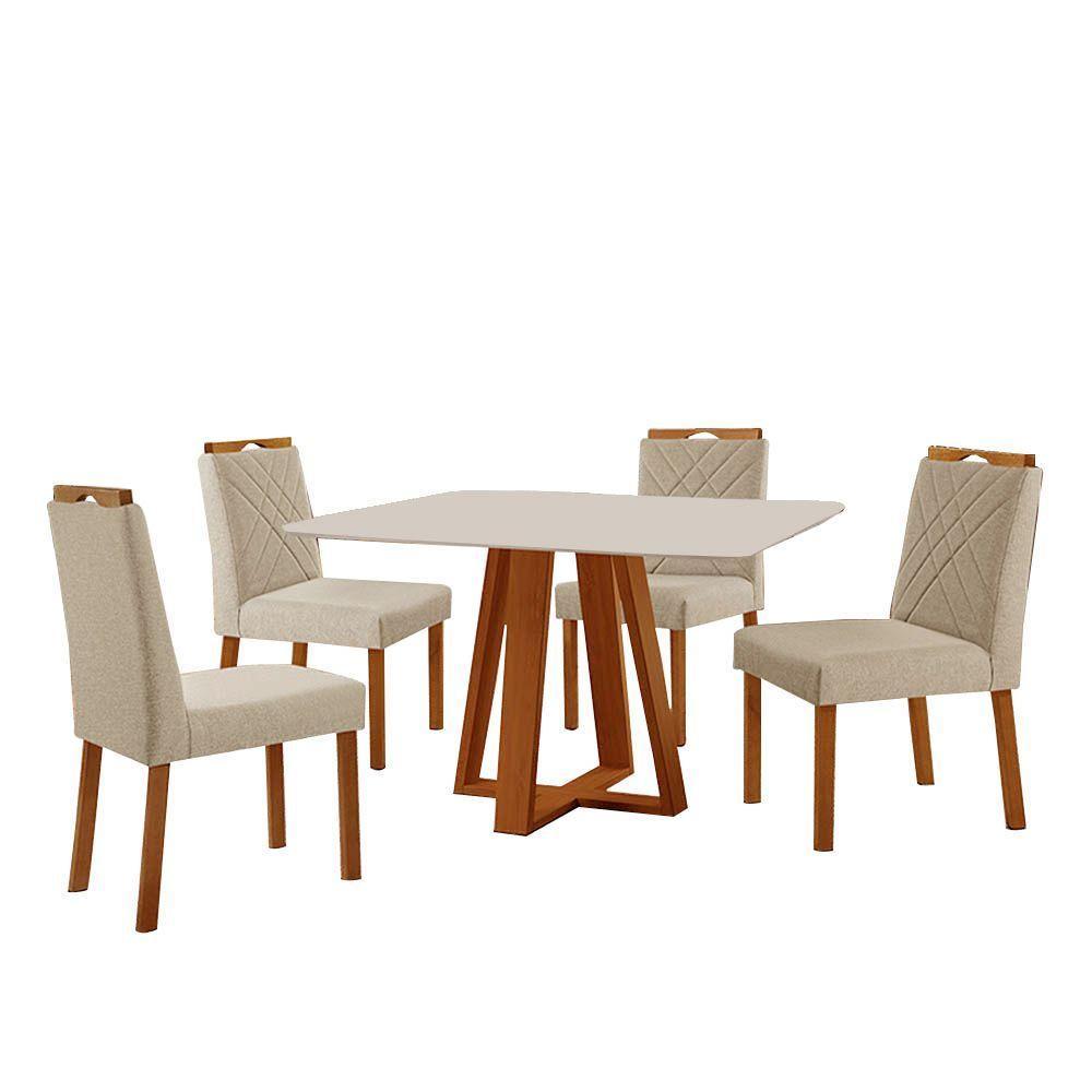 Conjunto Sala De Jantar Mesa Floripa 120x90cm Off White Com 4 Cadeiras Dallas Linho Bege - 1