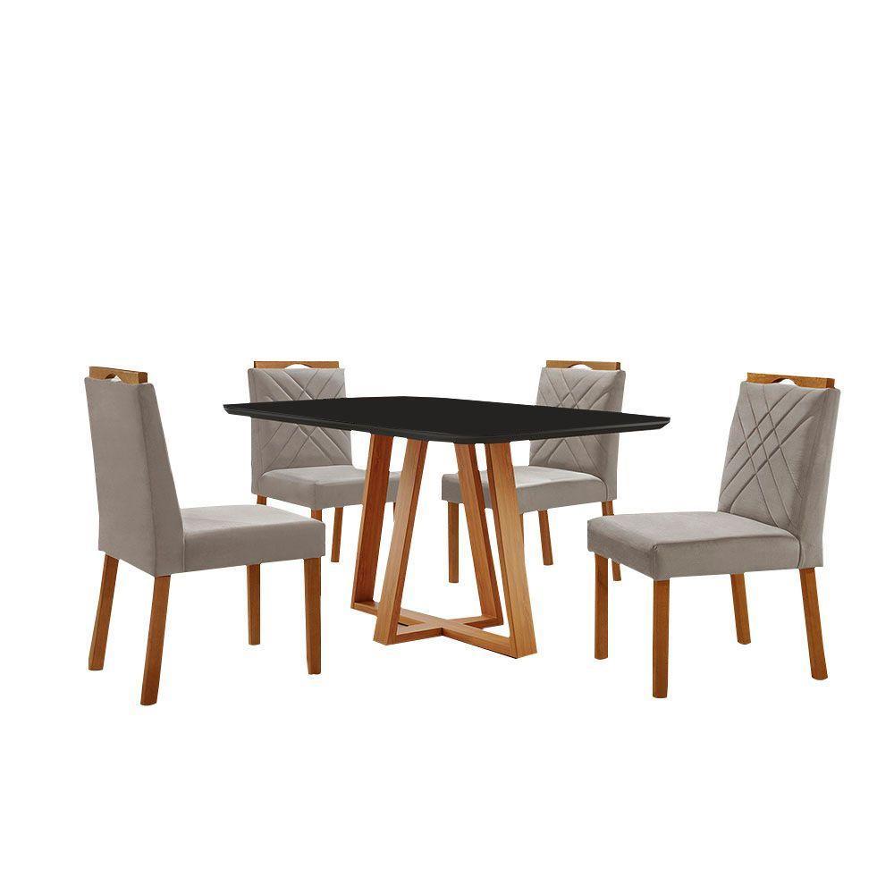 Conjunto Sala De Jantar Mesa Florença 140x80cm Preto Com 4 Cadeiras Dallas Veludo Cinza - 1