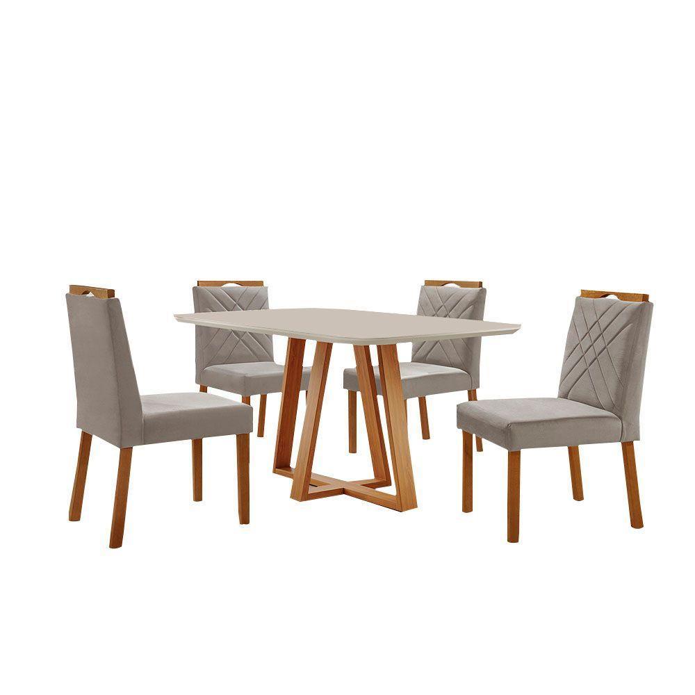 Conjunto Sala De Jantar Mesa Florença 140x80cm Off White Com 4 Cadeiras Dallas Veludo Cinza - 1