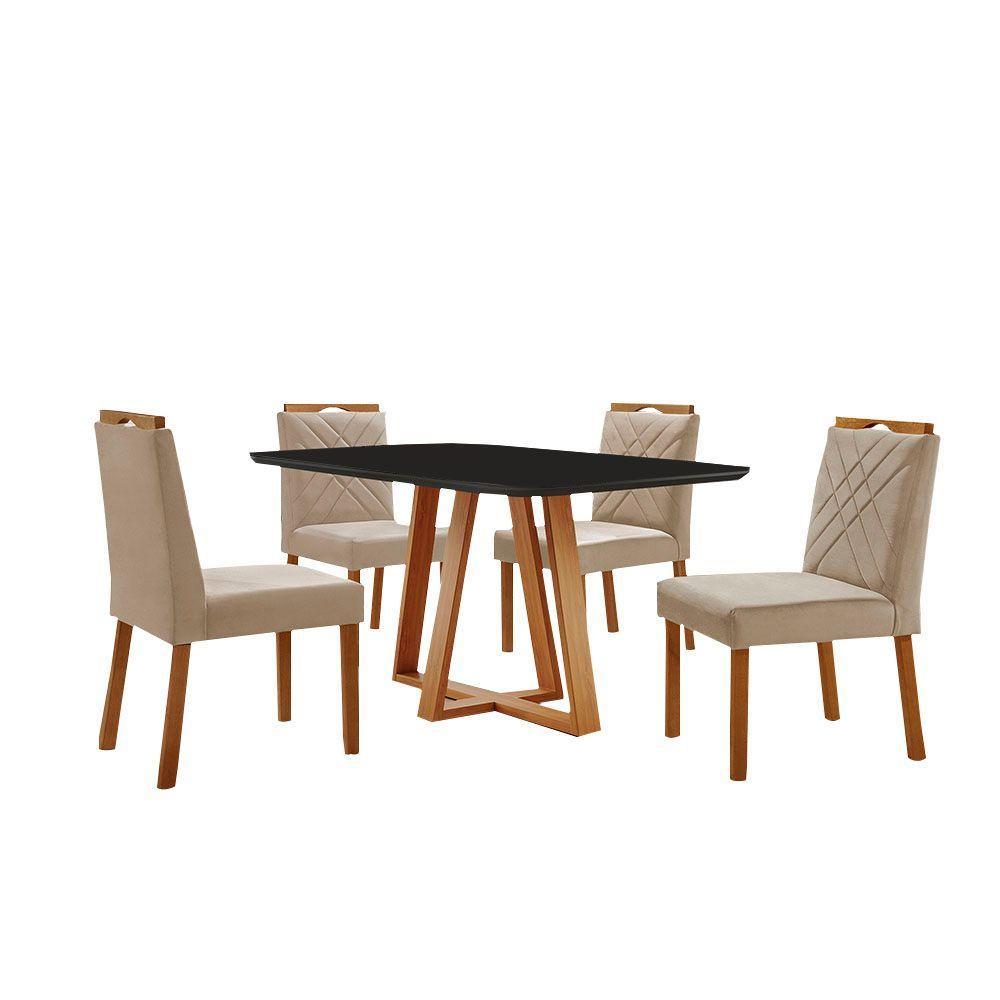 Conjunto Sala De Jantar Mesa Florença 140x80cm Preto Com 4 Cadeiras Dallas Veludo Bege - 1