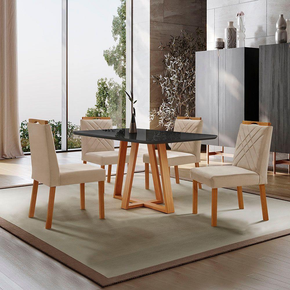 Conjunto Sala De Jantar Mesa Florença 140x80cm Preto Com 4 Cadeiras Dallas Veludo Bege - 2
