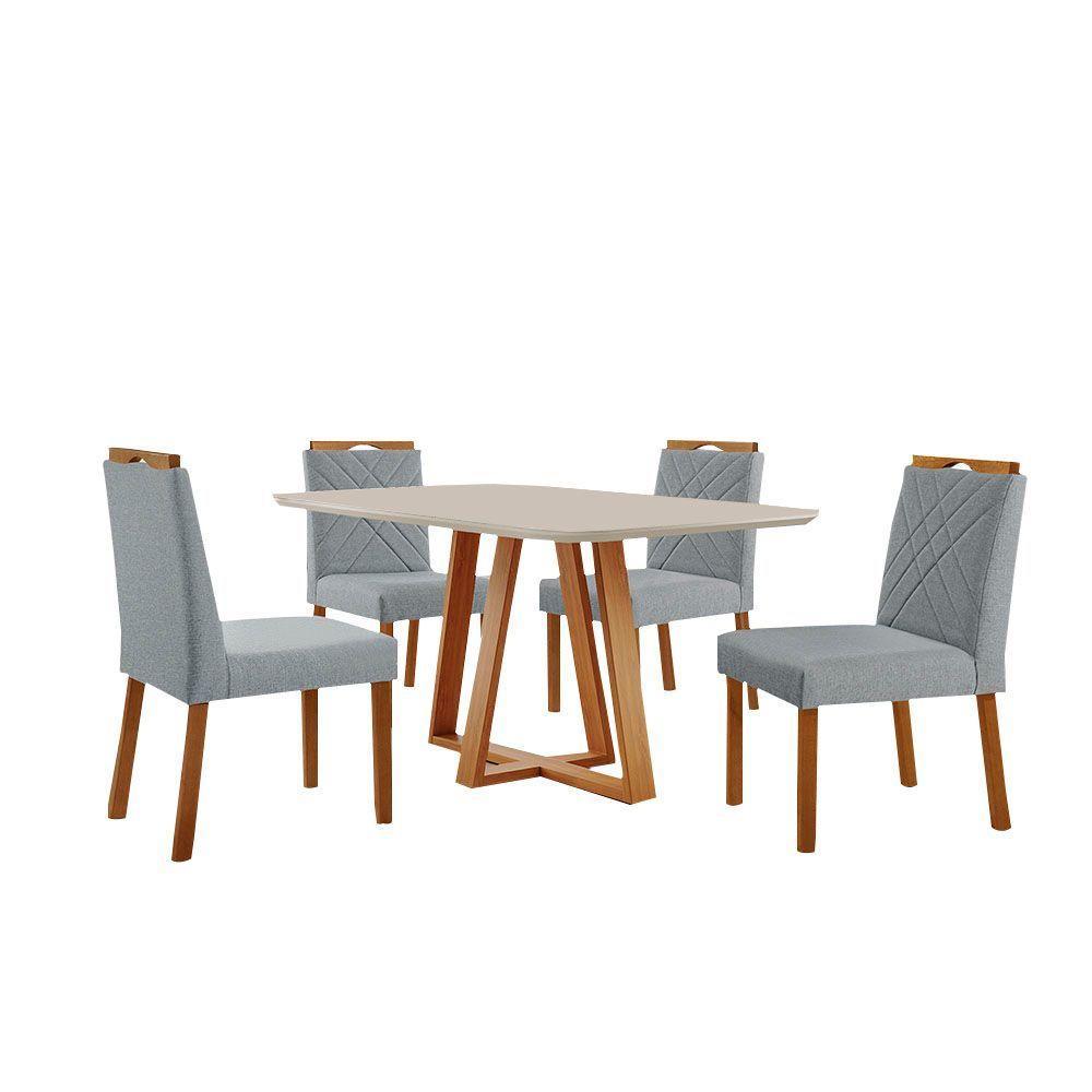 Conjunto Sala De Jantar Mesa Florença 140x80cm Off White Com 4 Cadeiras Dallas Linho Cinza - 1
