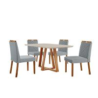 Conjunto Sala De Jantar Mesa Florença 140x80cm Off White Com 4 Cadeiras Dallas Linho Cinza - 1
