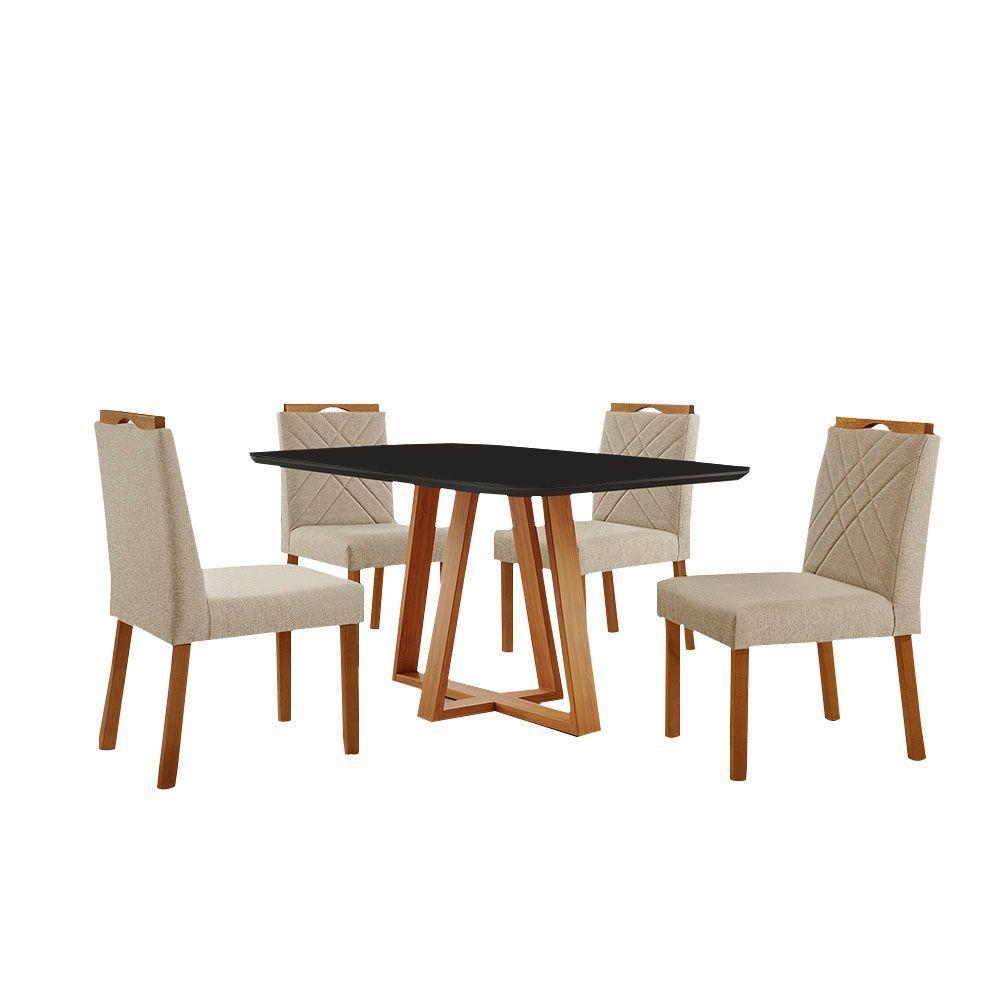 Conjunto Sala De Jantar Mesa Florença 140x80cm Preto Com 4 Cadeiras Dallas Linho Bege - 1
