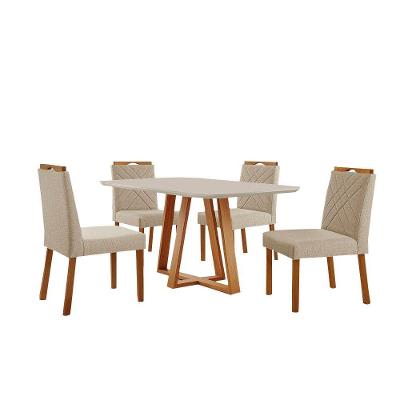 Conjunto Sala De Jantar Mesa Florença 140x80cm Off White Com 4 Cadeiras Dallas Linho Bege