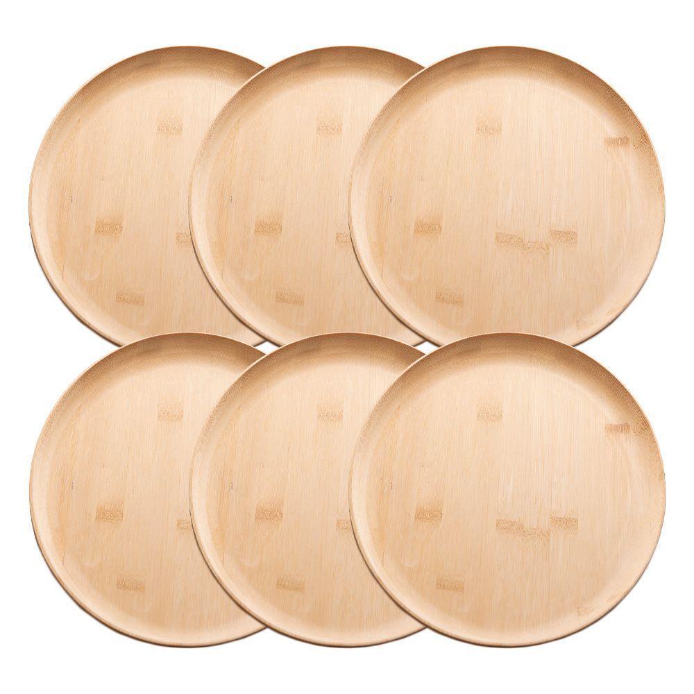 Jogo 6 Prato Raso De Bambu Natural Ecológico Pratinho Madeira Lyor 27cm - 1